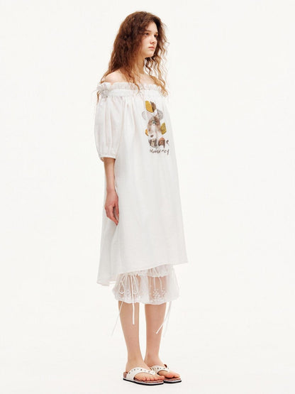 OuttheBlue Cat Print Ruffle Bardot Puff Sleeve A Line Women&