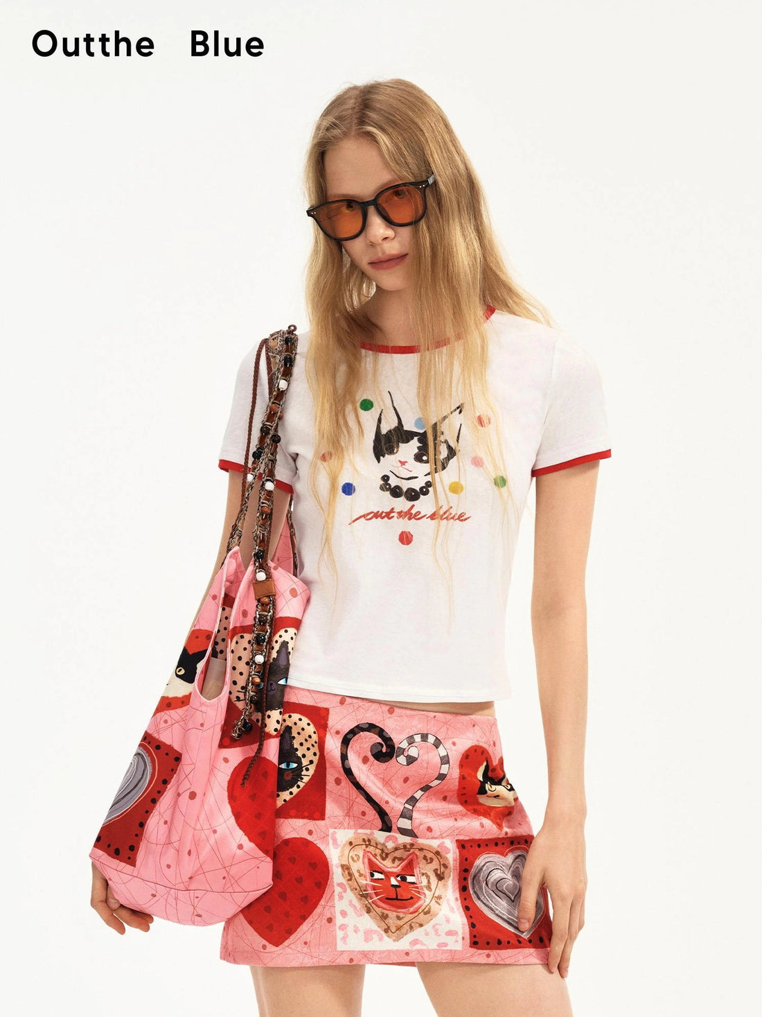 OuttheBlue Cat With Pearl Necklace Summer Contrast Color T-shirt