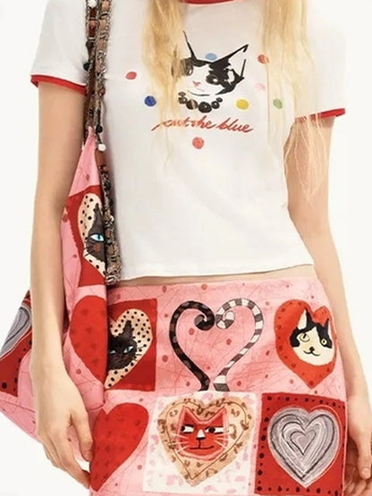 OuttheBlue Cat With Pearl Necklace Summer Contrast Color T-shirt