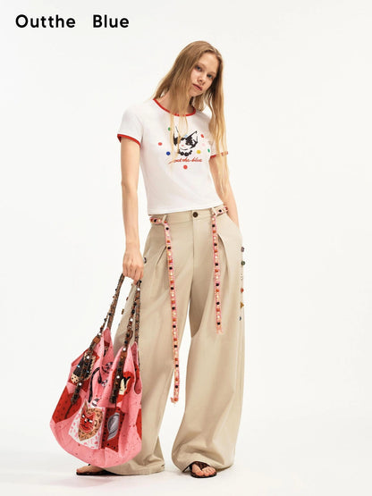 OuttheBlue Cat With Pearl Necklace Summer Contrast Color T-shirt