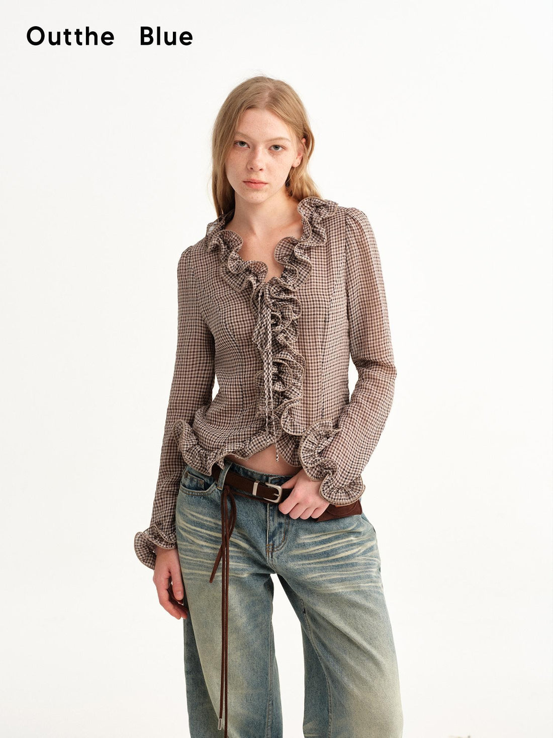 OuttheBlue Checked Ruffle Tie Fitted Bell Sleeve Women&