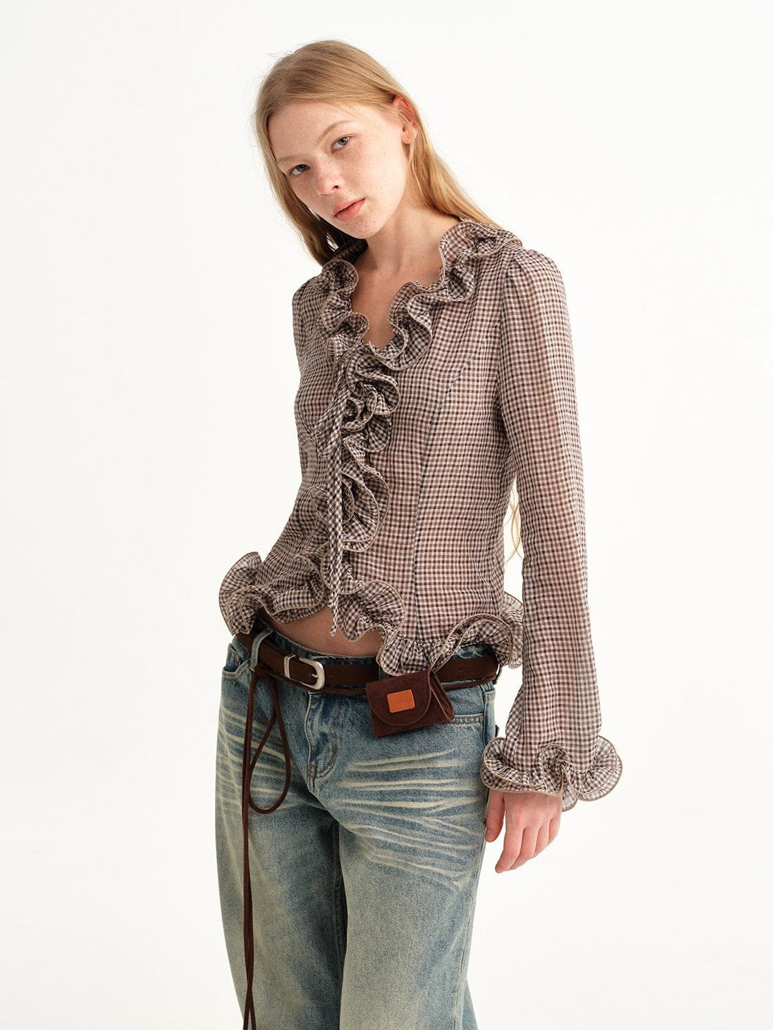 OuttheBlue Checked Ruffle Tie Fitted Bell Sleeve Women&