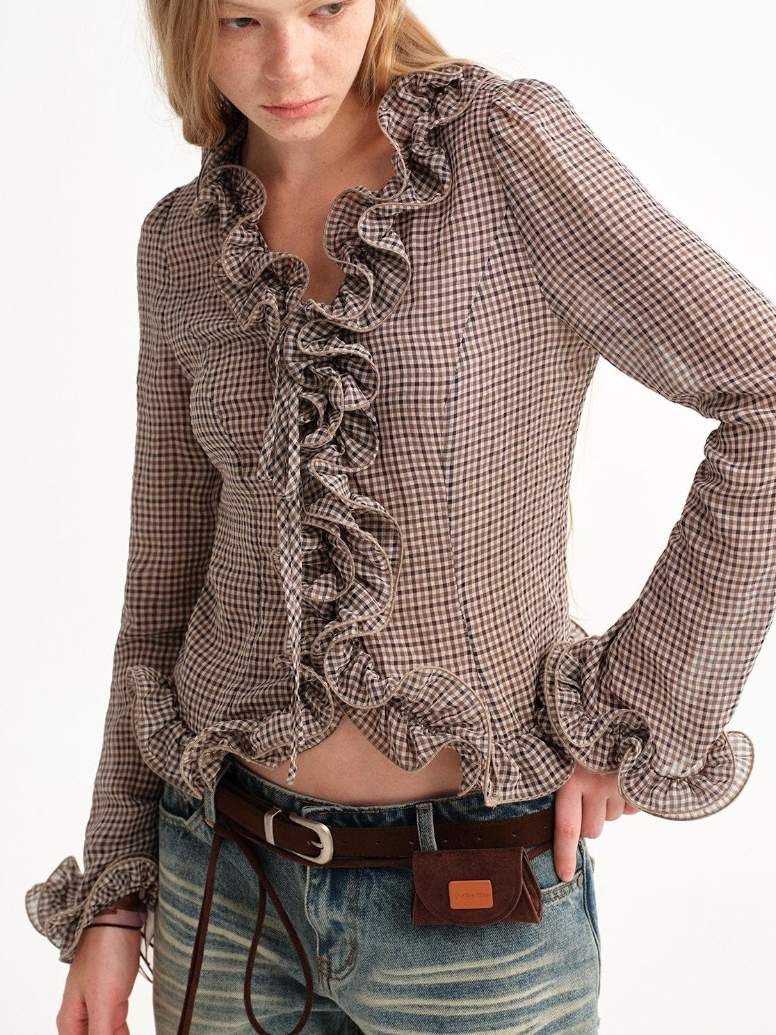 OuttheBlue Checked Ruffle Tie Fitted Bell Sleeve Women&