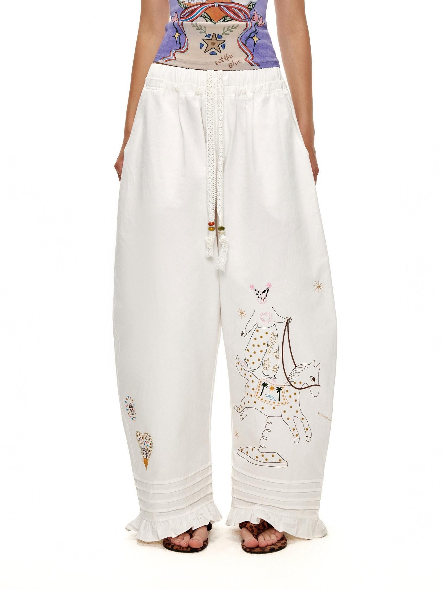OuttheBlue Circus Character Embroidered Ruffle Curved Cut Relaxed Women&