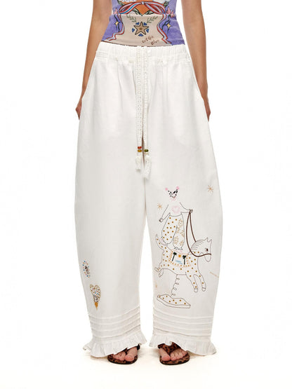 OuttheBlue Circus Character Embroidered Ruffle Curved Cut Relaxed Women&