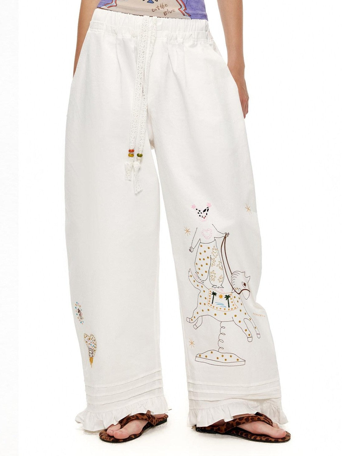 OuttheBlue Circus Character Embroidered Ruffle Curved Cut Relaxed Women&