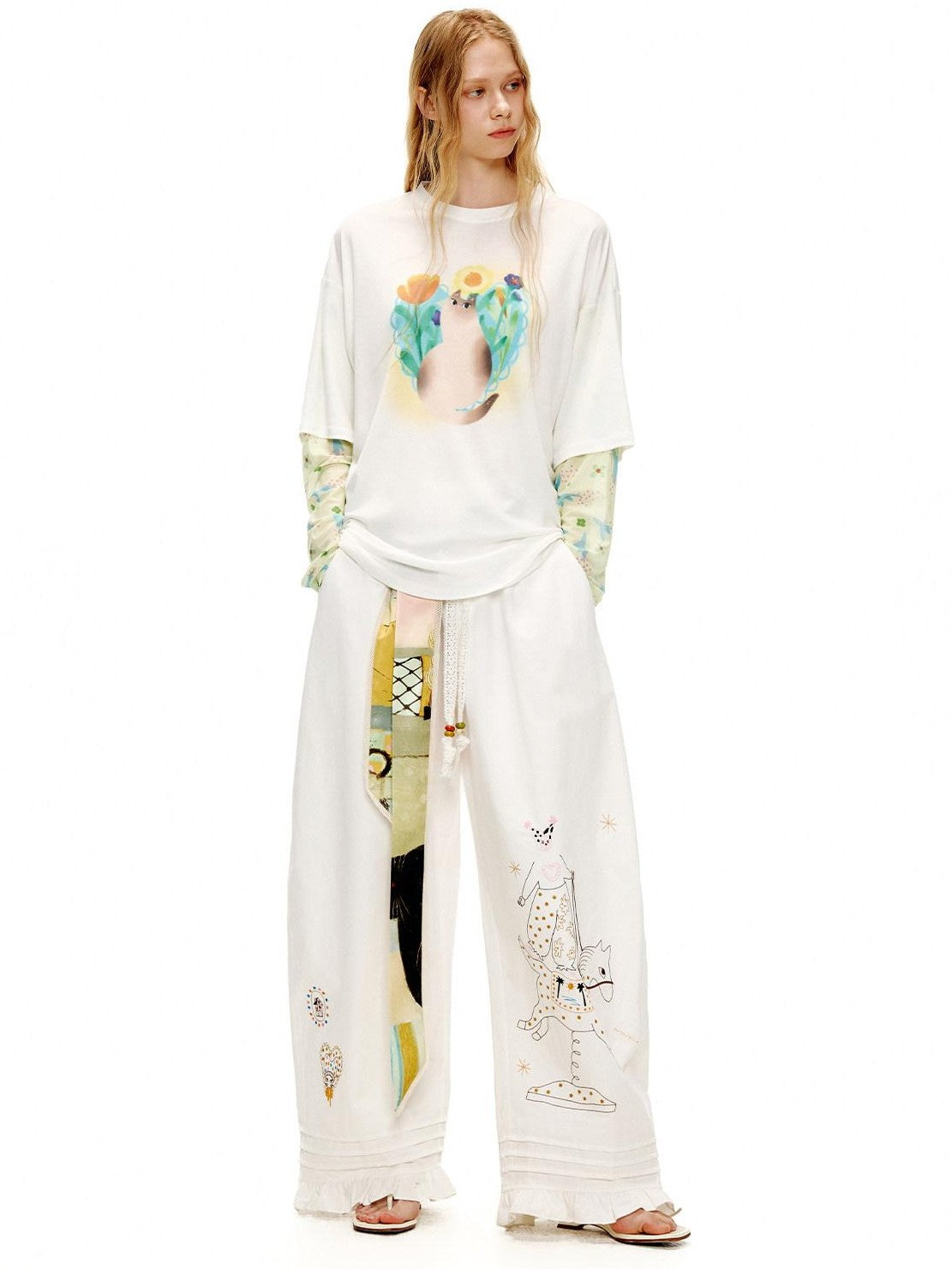 OuttheBlue Circus Character Embroidered Ruffle Curved Cut Relaxed Women&