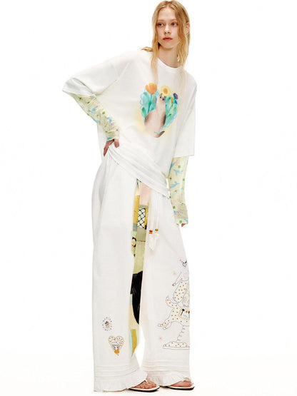 OuttheBlue Circus Character Embroidered Ruffle Curved Cut Relaxed Women&