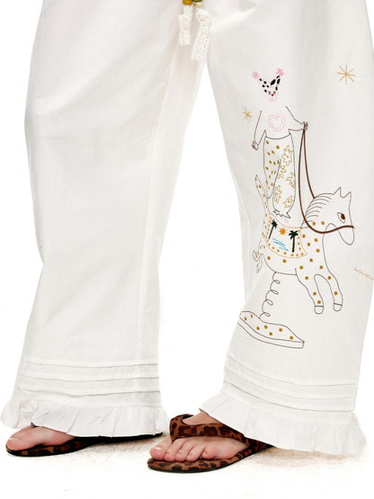 OuttheBlue Circus Character Embroidered Ruffle Curved Cut Relaxed Women&