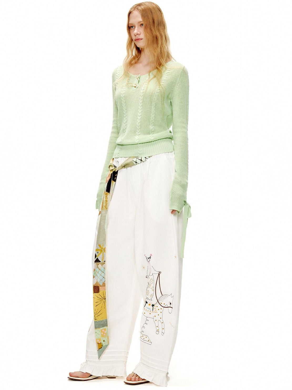 OuttheBlue Circus Character Embroidered Ruffle Curved Cut Relaxed Women&