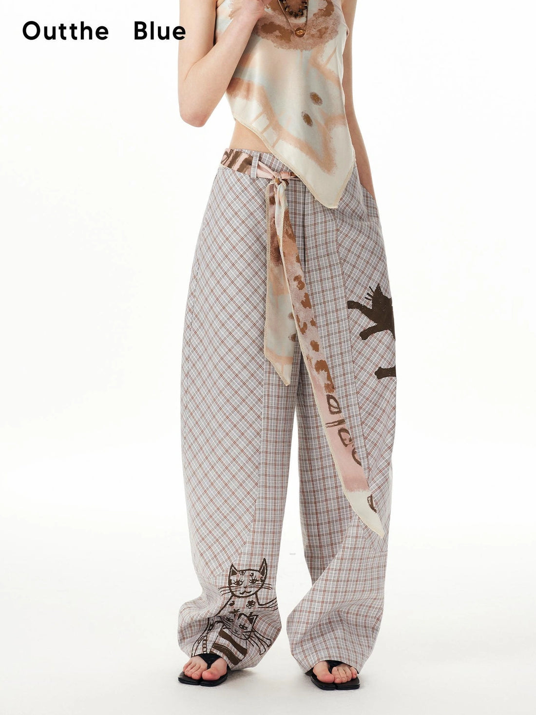 OuttheBlue Classic Plaid Wide Leg Trousers With Curved Hem