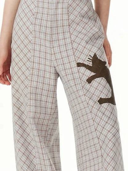 OuttheBlue Classic Plaid Wide Leg Trousers With Curved Hem