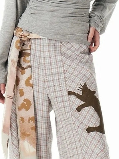 OuttheBlue Classic Plaid Wide Leg Trousers With Curved Hem