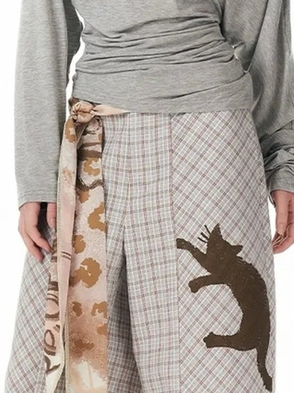OuttheBlue Classic Plaid Wide Leg Trousers With Curved Hem