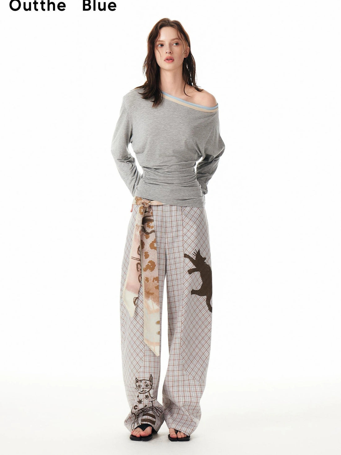 OuttheBlue Classic Plaid Wide Leg Trousers With Curved Hem