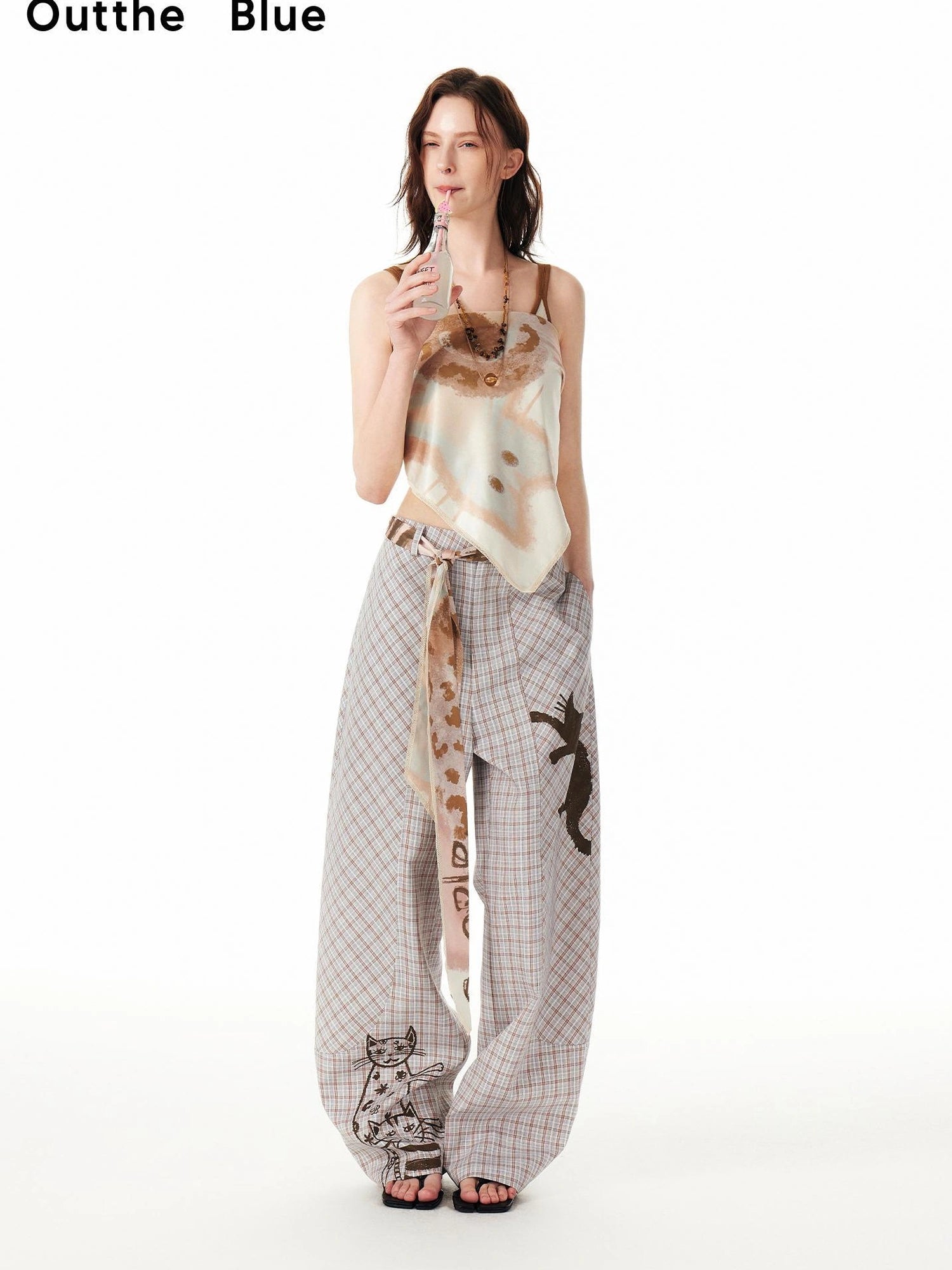 OuttheBlue Classic Plaid Wide Leg Trousers With Curved Hem
