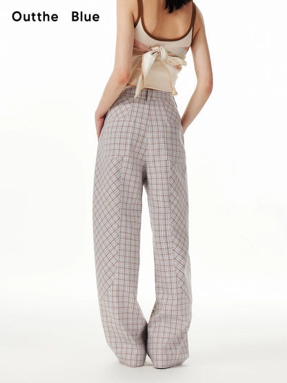 OuttheBlue Classic Plaid Wide Leg Trousers With Curved Hem