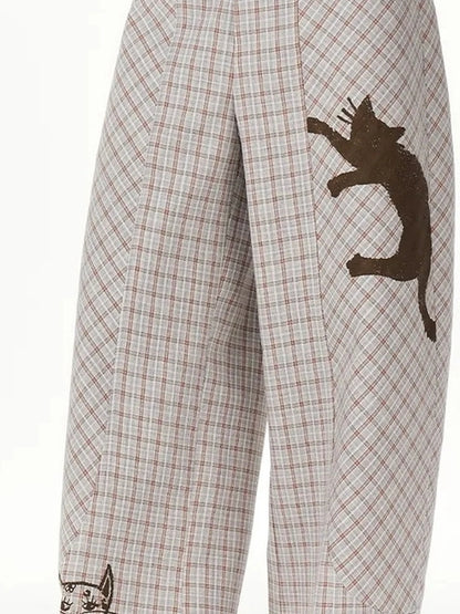 OuttheBlue Classic Plaid Wide Leg Trousers With Curved Hem