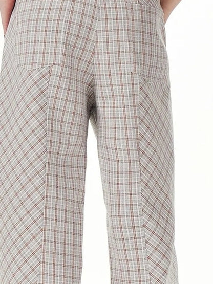 OuttheBlue Classic Plaid Wide Leg Trousers With Curved Hem
