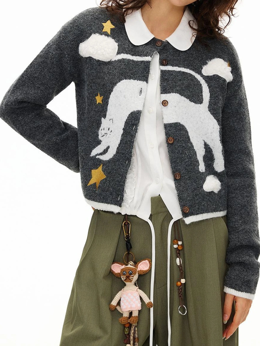 OuttheBlue Cloud Embroidery Wool Blend Cardigan V-neck Long Sleeve T-shirt