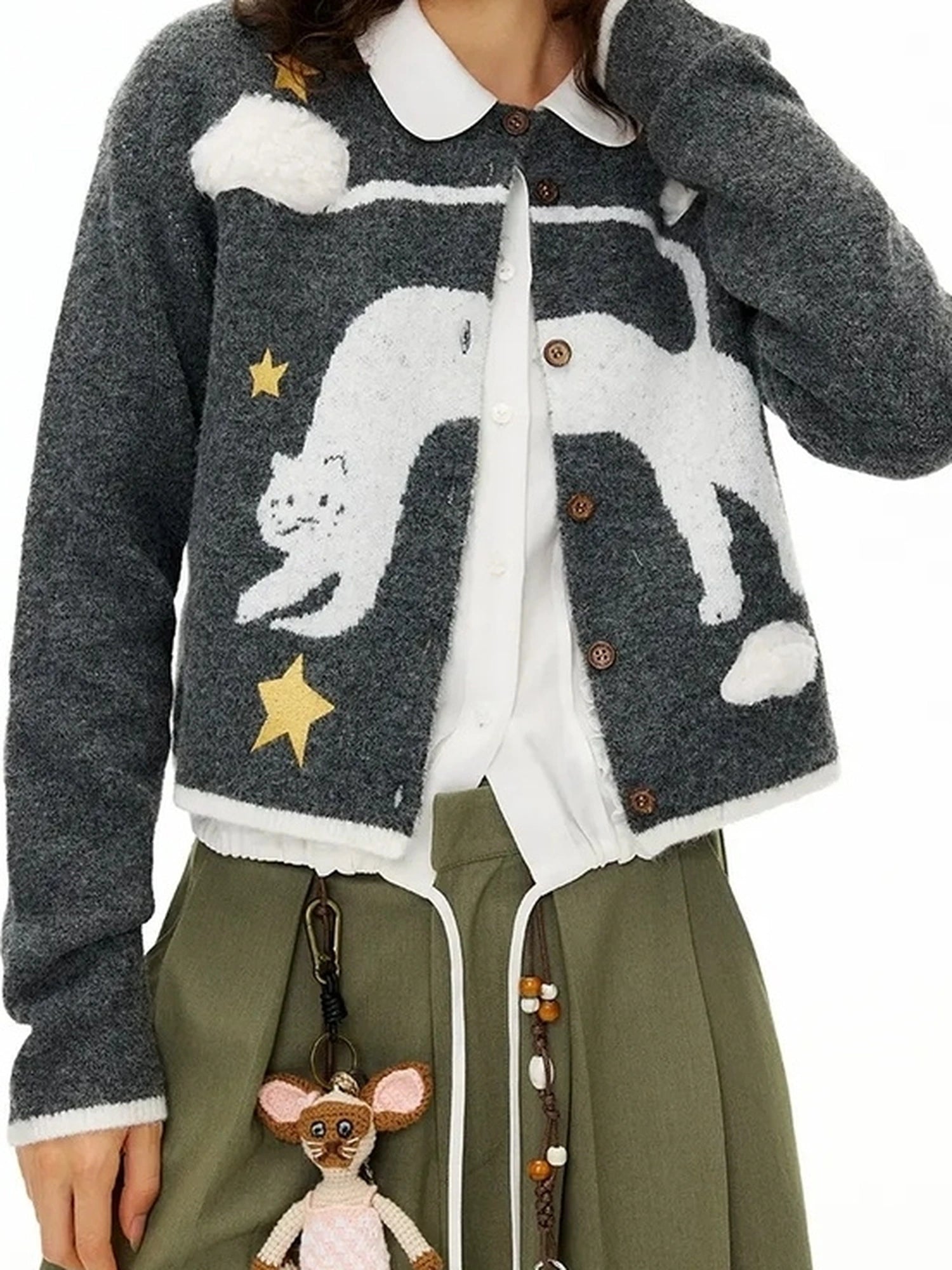 OuttheBlue Cloud Embroidery Wool Blend Cardigan V-neck Long Sleeve T-shirt