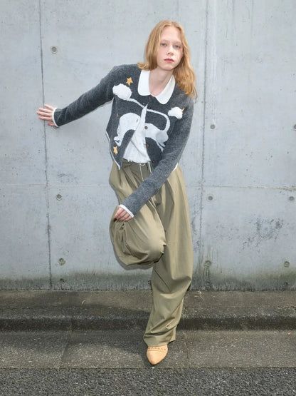 OuttheBlue Cloud Embroidery Wool Blend Cardigan V-neck Long Sleeve T-shirt