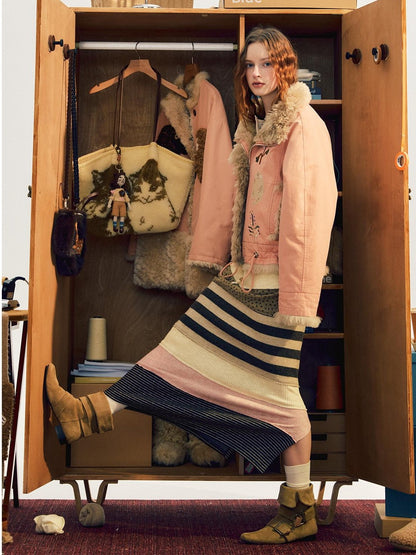OuttheBlue Color Block Striped Polka Dot Drawstring Slit Knit Women&