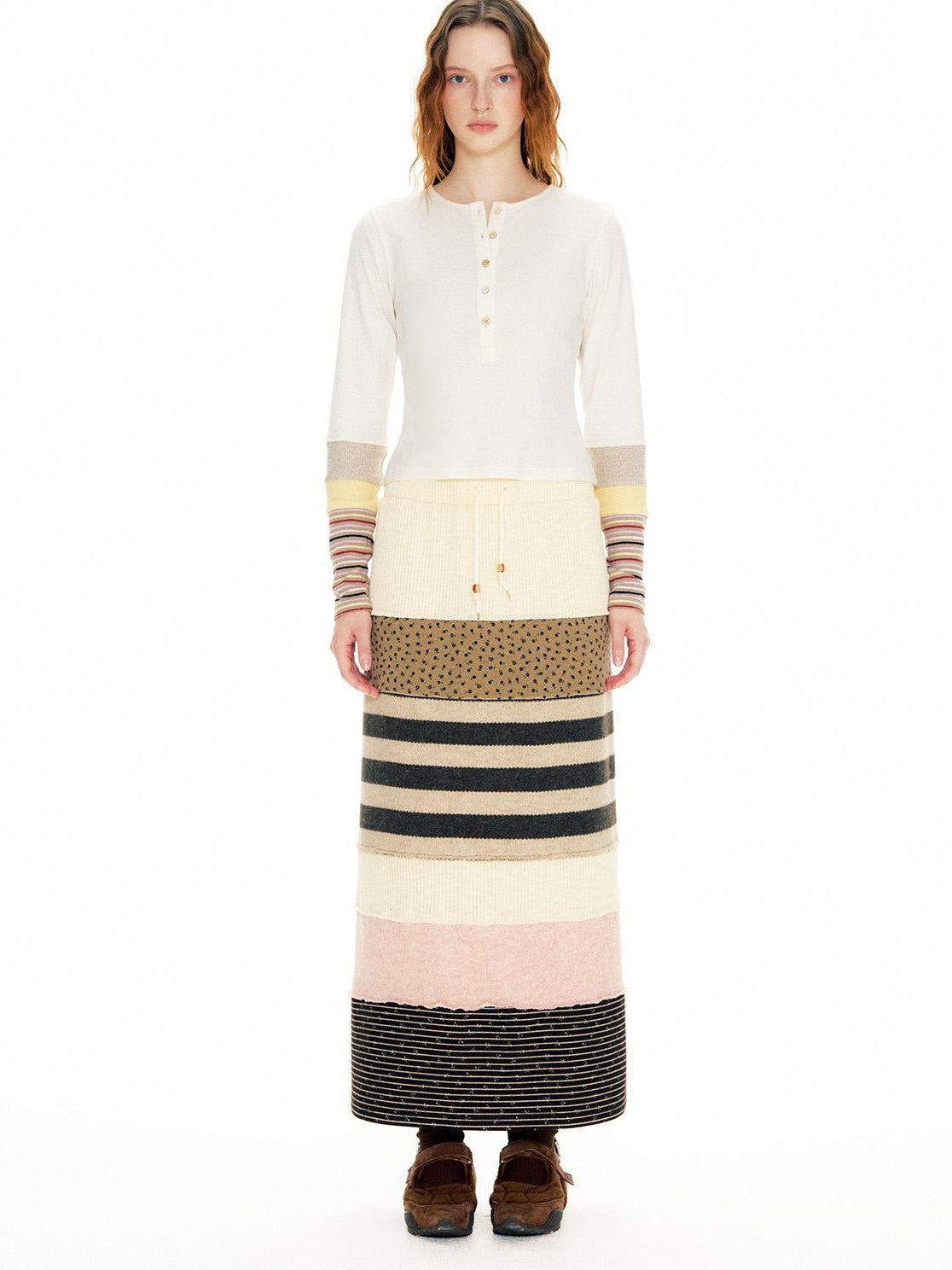 OuttheBlue Color Block Striped Polka Dot Drawstring Slit Knit Women&