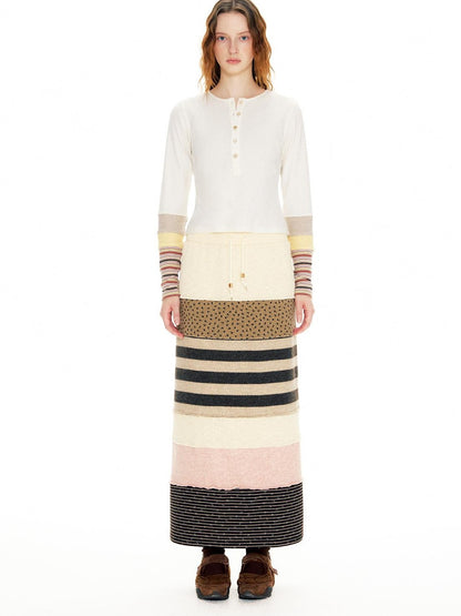OuttheBlue Color Block Striped Polka Dot Drawstring Slit Knit Women&