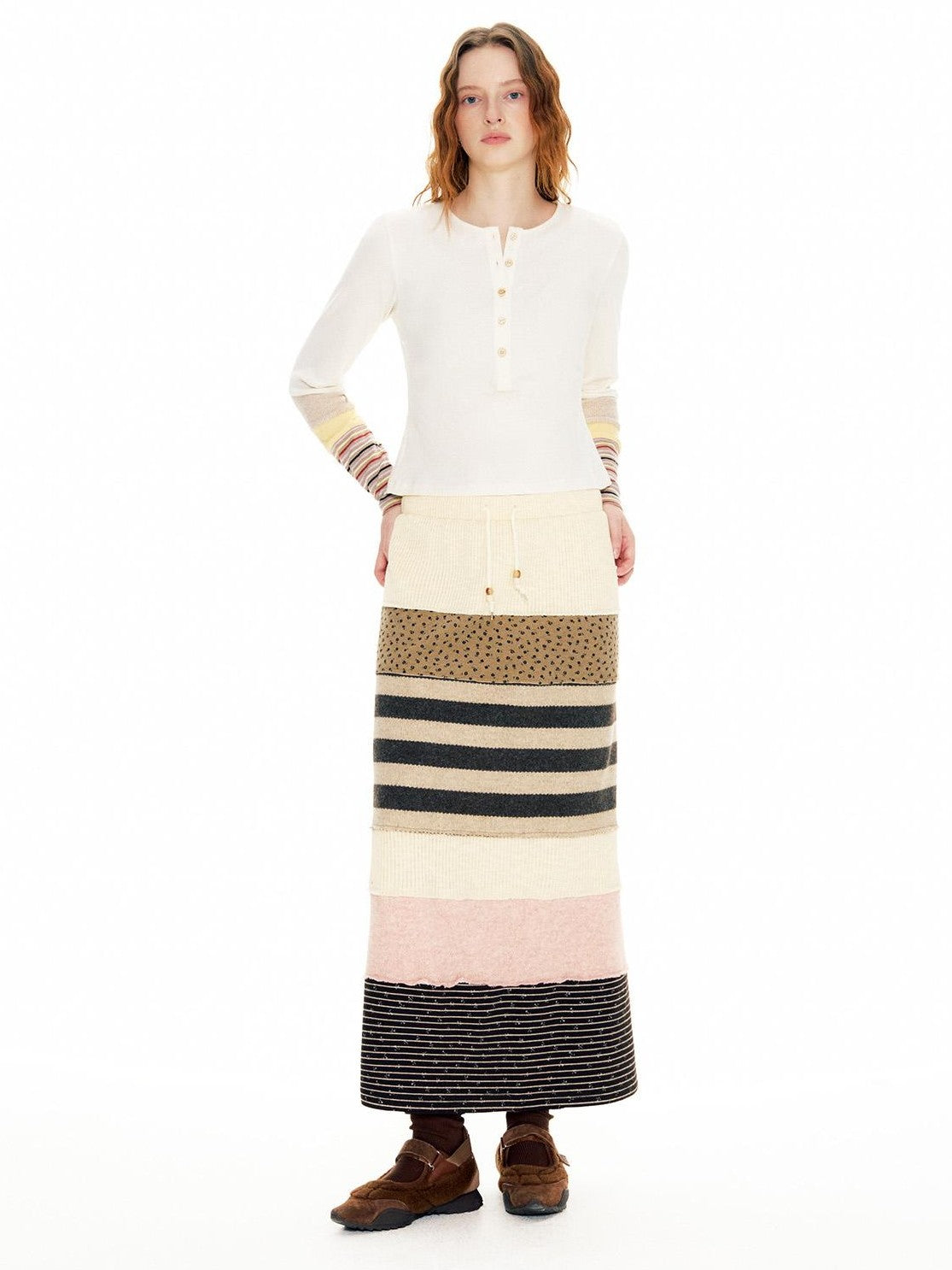 OuttheBlue Color Block Striped Polka Dot Drawstring Slit Knit Women&