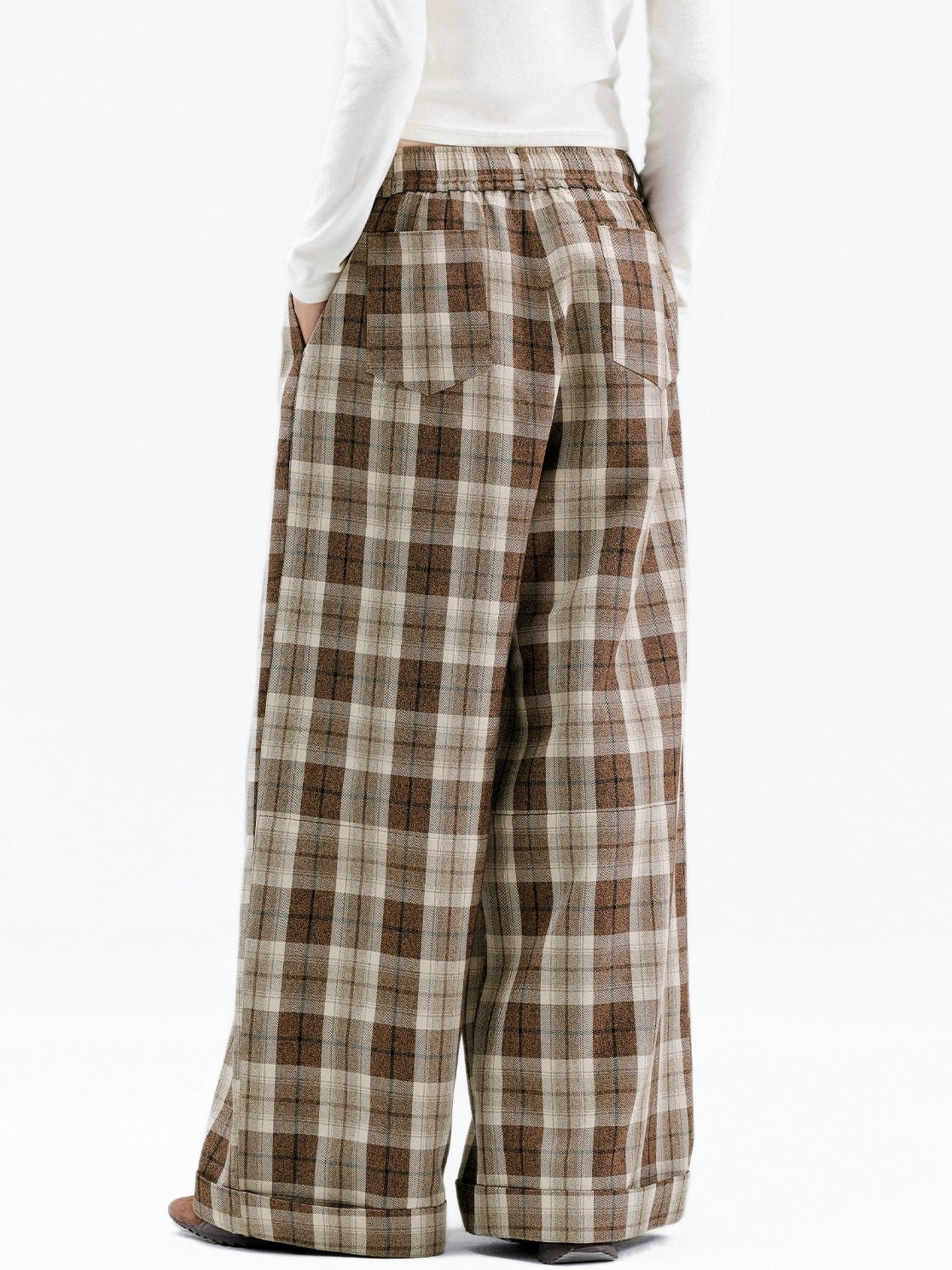 OuttheBlue Comfortable Relaxed Fit Cuffed Brown Plaid Natural Waist Poly Cotton Women Pants