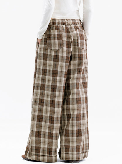 OuttheBlue Comfortable Relaxed Fit Cuffed Brown Plaid Natural Waist Poly Cotton Women Pants