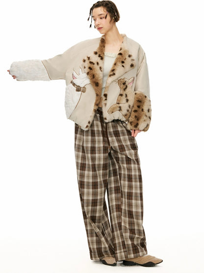 OuttheBlue Comfortable Relaxed Fit Cuffed Brown Plaid Natural Waist Poly Cotton Women Pants