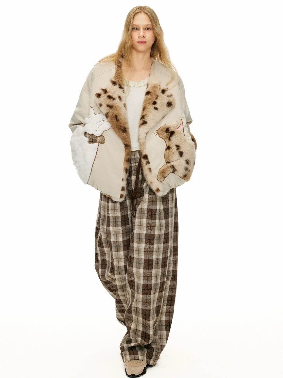 OuttheBlue Comfortable Relaxed Fit Cuffed Brown Plaid Natural Waist Poly Cotton Women Pants