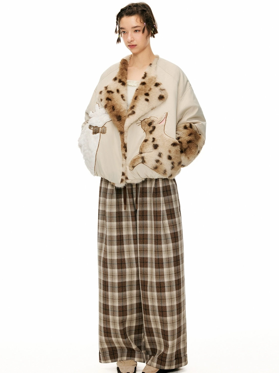 OuttheBlue Comfortable Relaxed Fit Cuffed Brown Plaid Natural Waist Poly Cotton Women Pants