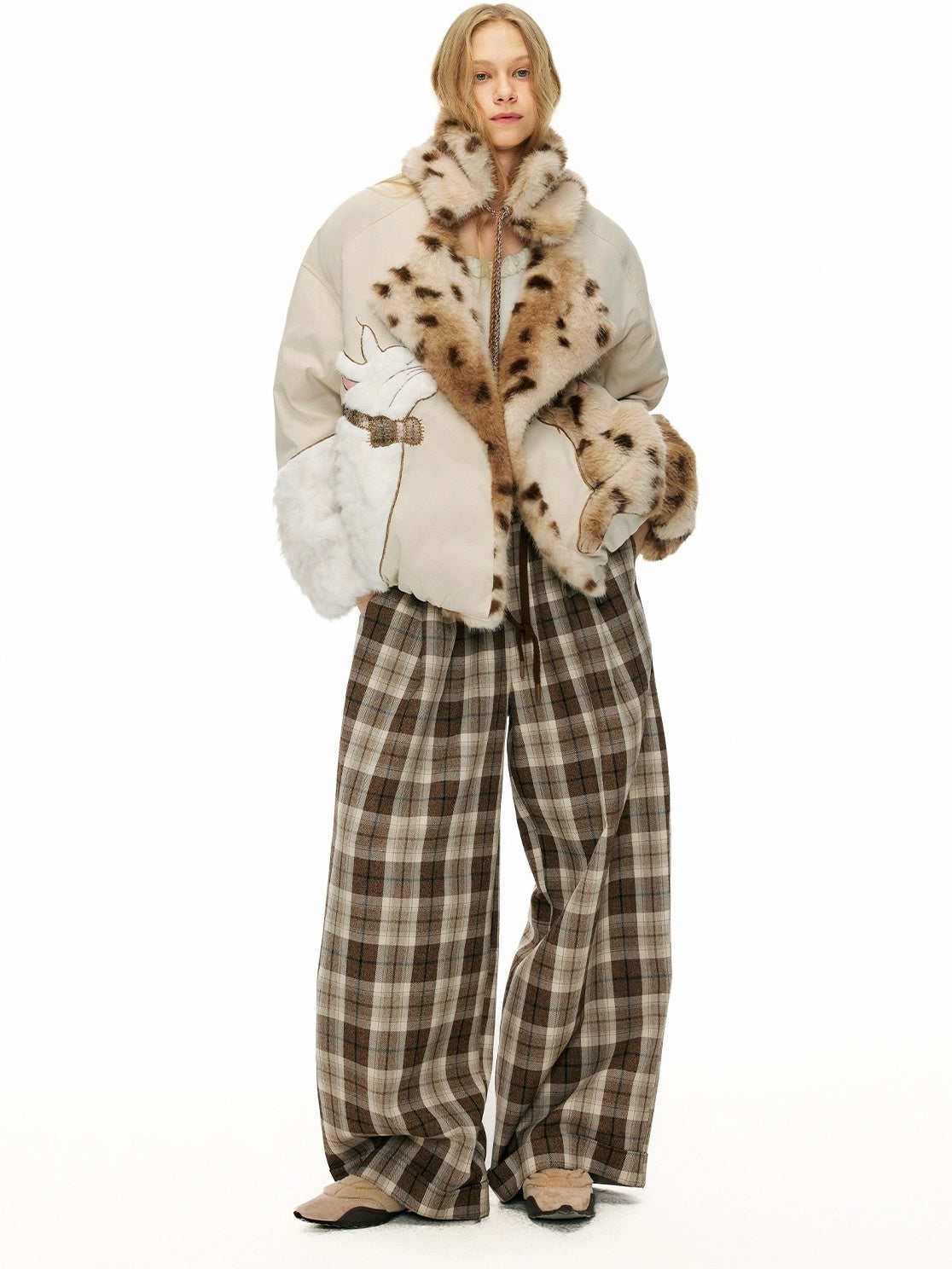 OuttheBlue Comfortable Relaxed Fit Cuffed Brown Plaid Natural Waist Poly Cotton Women Pants