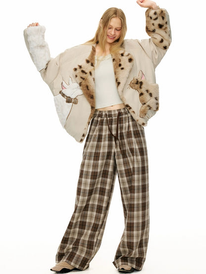 OuttheBlue Comfortable Relaxed Fit Cuffed Brown Plaid Natural Waist Poly Cotton Women Pants