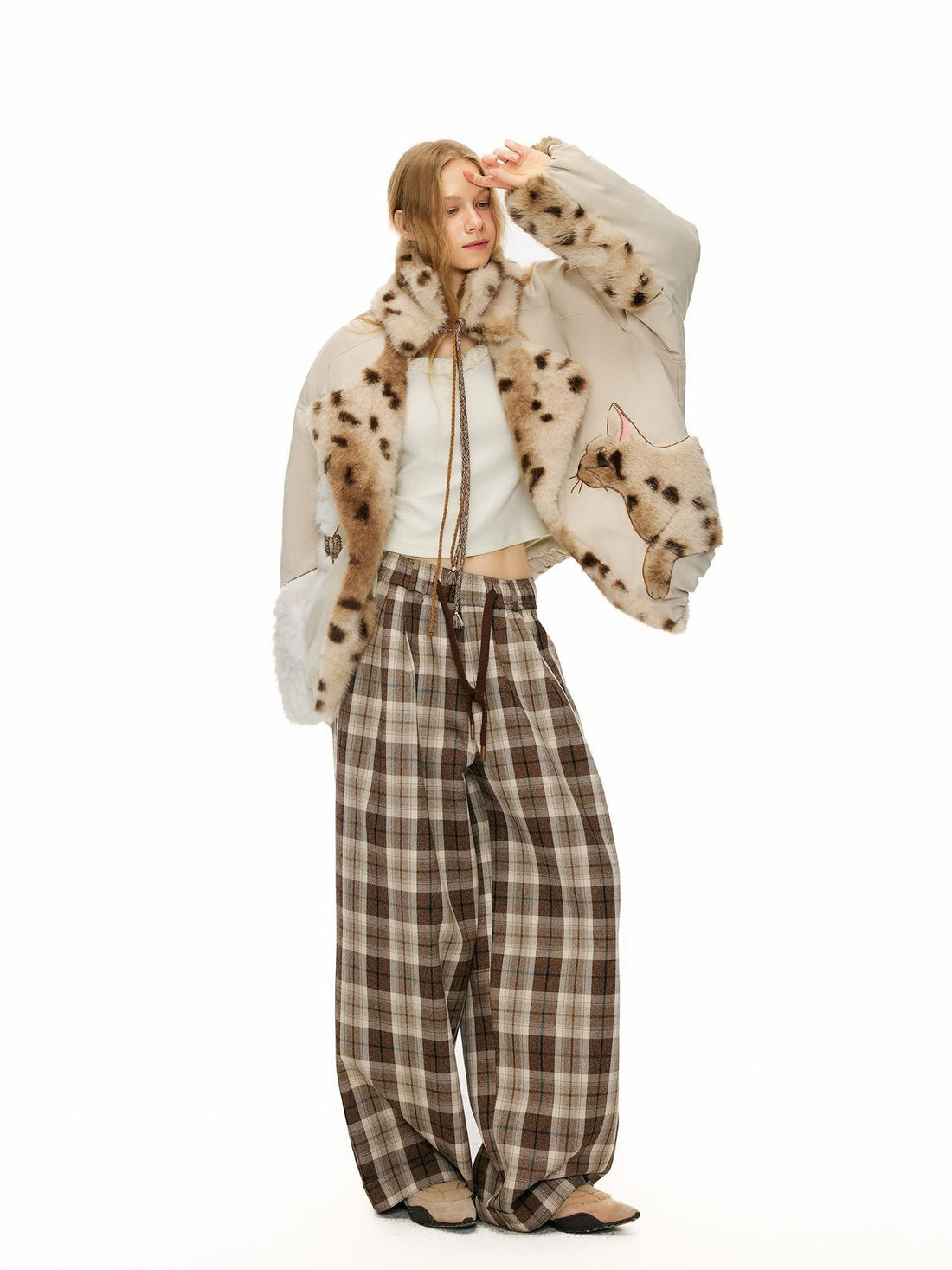 OuttheBlue Comfortable Relaxed Fit Cuffed Brown Plaid Natural Waist Poly Cotton Women Pants