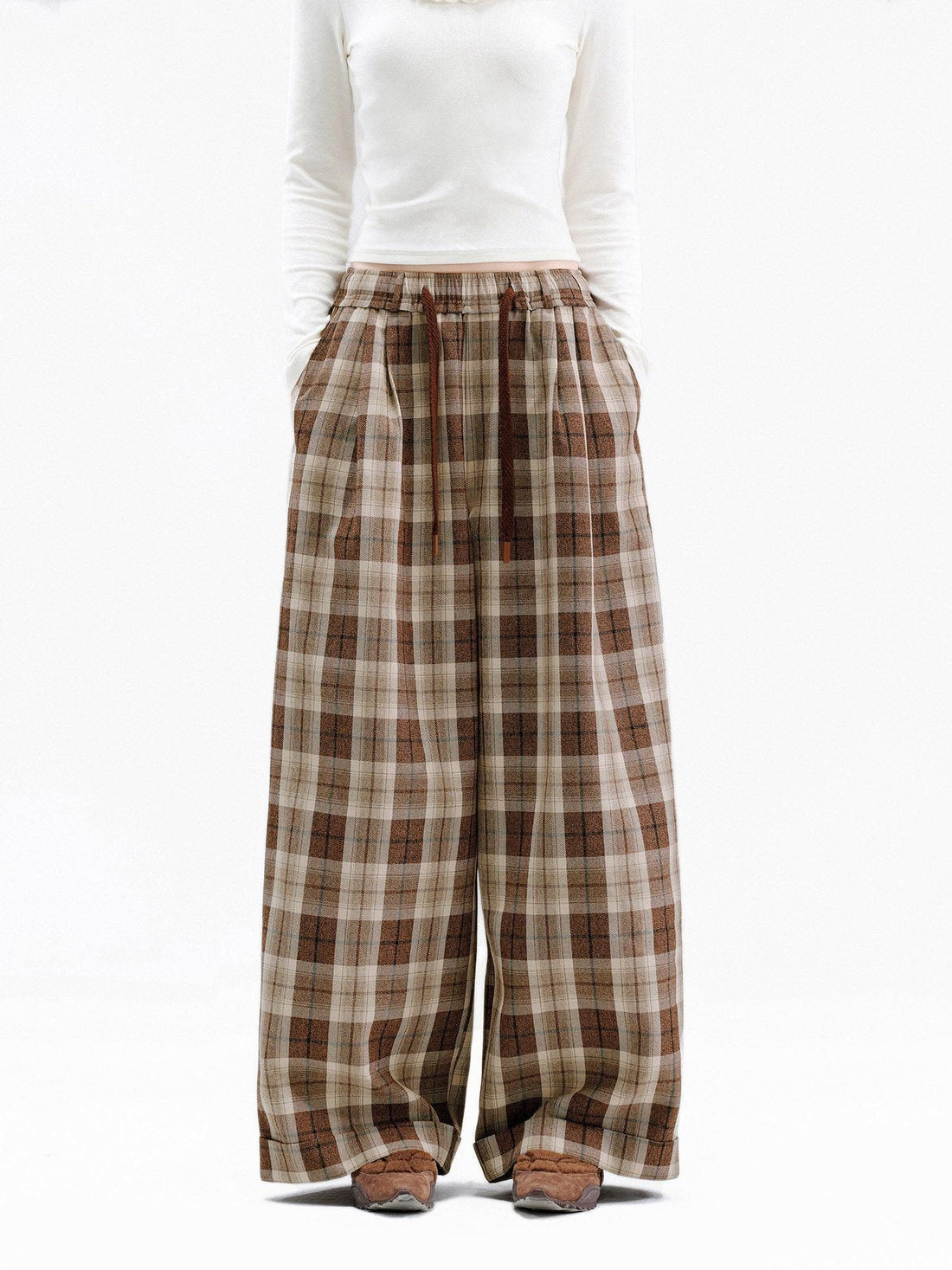 OuttheBlue Comfy Relaxed Cuffed Brown Plaid Natural Waist Ladies Poly Cotton Wide Leg Pants