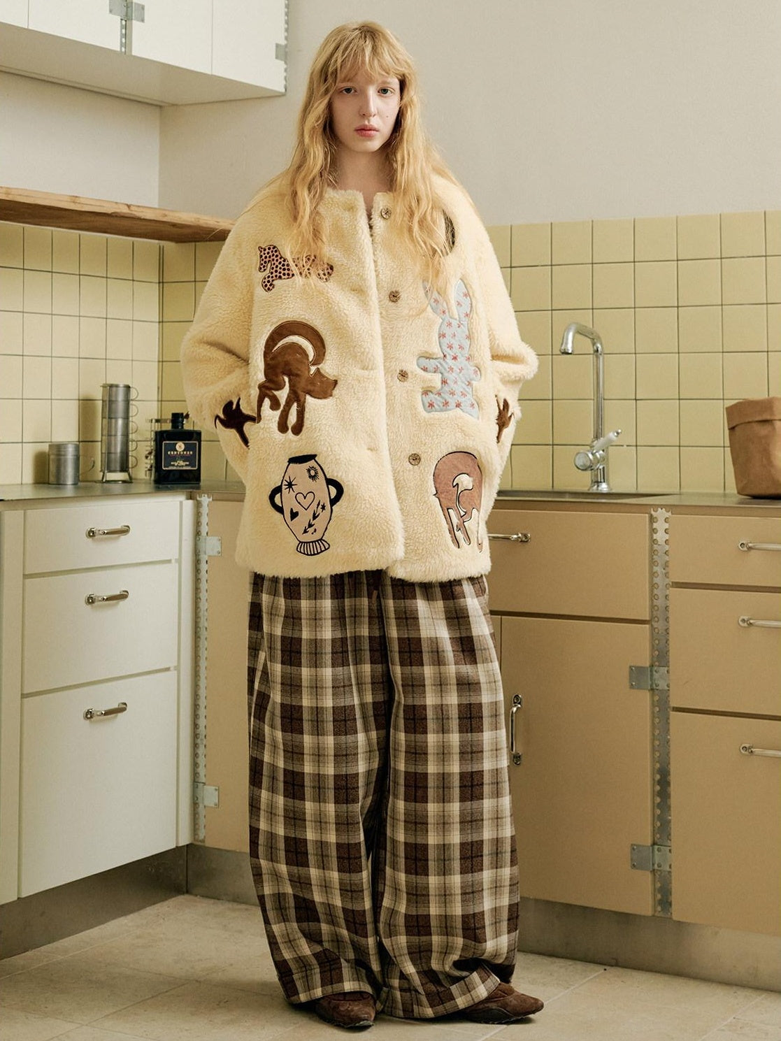 OuttheBlue Comfy Relaxed Cuffed Brown Plaid Natural Waist Ladies Poly Cotton Wide Leg Pants