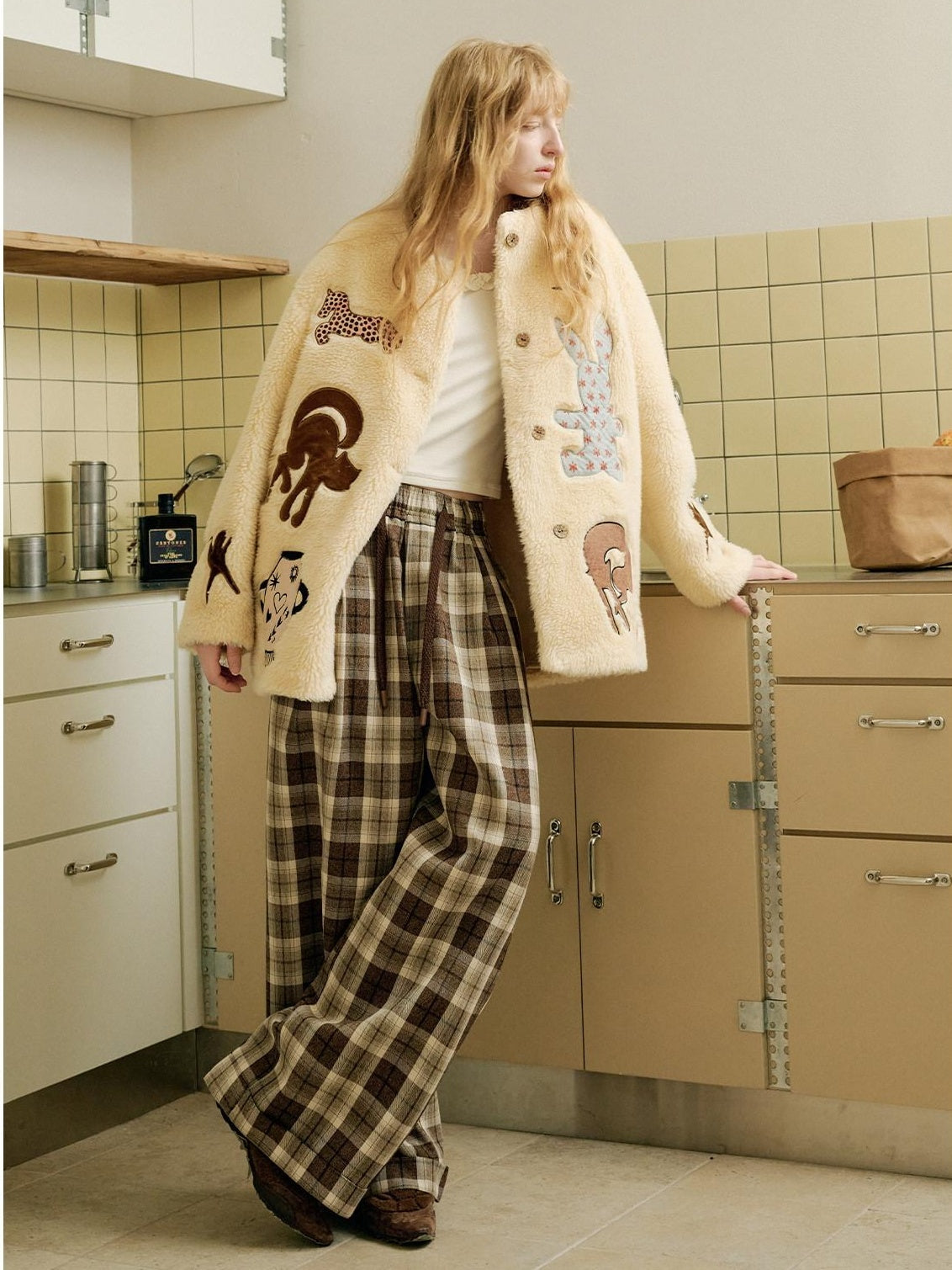 OuttheBlue Comfy Relaxed Cuffed Brown Plaid Natural Waist Ladies Poly Cotton Wide Leg Pants