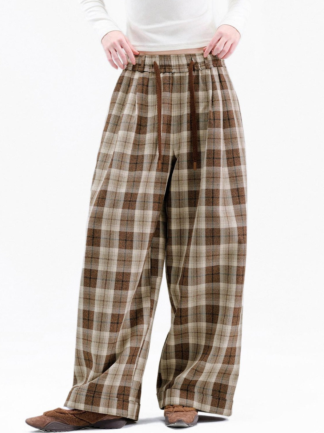 OuttheBlue Comfy Relaxed Cuffed Brown Plaid Natural Waist Ladies Poly Cotton Wide Leg Pants