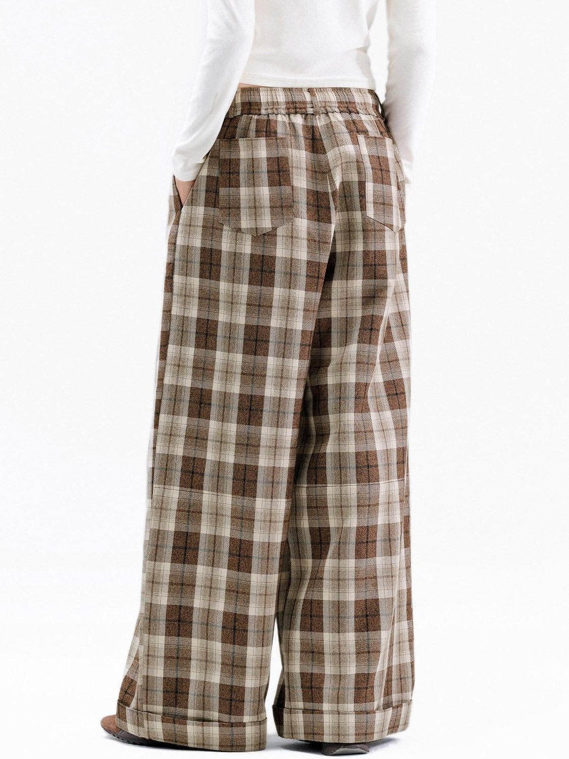 OuttheBlue Comfy Relaxed Cuffed Brown Plaid Natural Waist Ladies Poly Cotton Wide Leg Pants