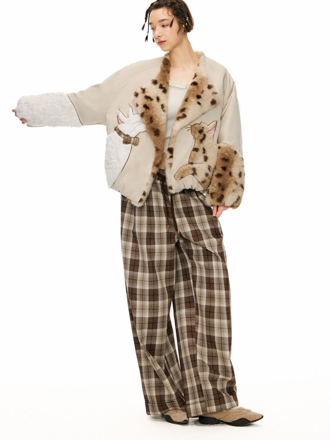 OuttheBlue Comfy Relaxed Cuffed Brown Plaid Natural Waist Ladies Poly Cotton Wide Leg Pants