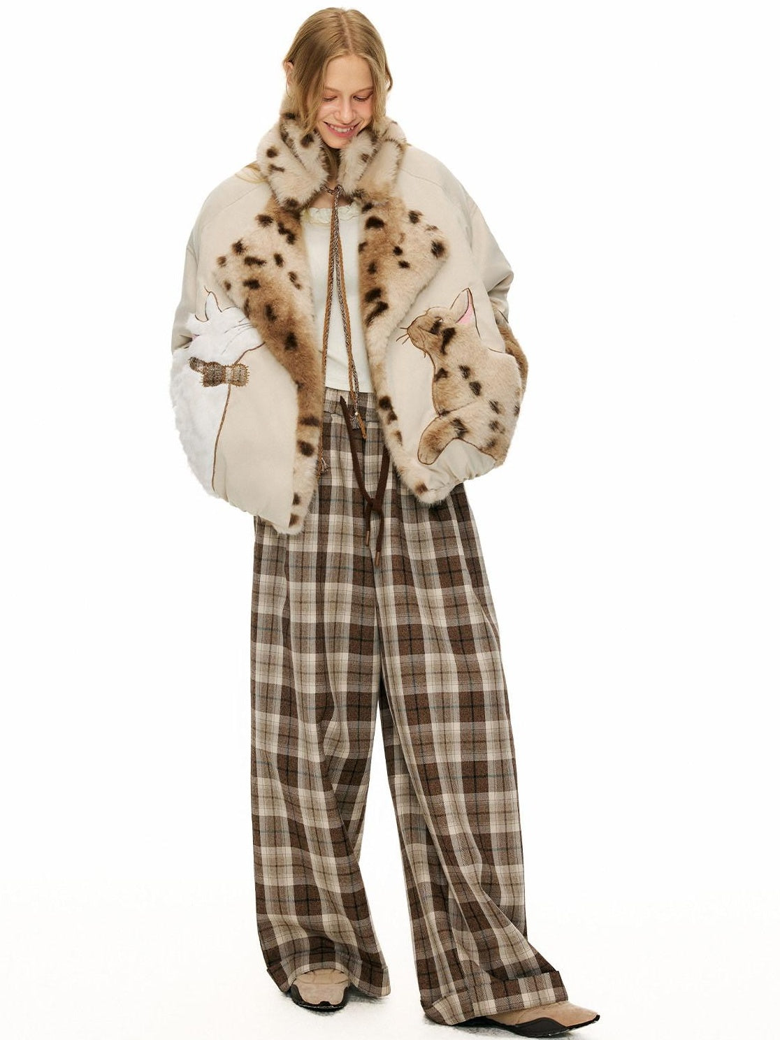 OuttheBlue Comfy Relaxed Cuffed Brown Plaid Natural Waist Ladies Poly Cotton Wide Leg Pants