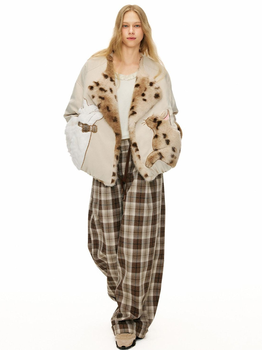 OuttheBlue Comfy Relaxed Cuffed Brown Plaid Natural Waist Ladies Poly Cotton Wide Leg Pants