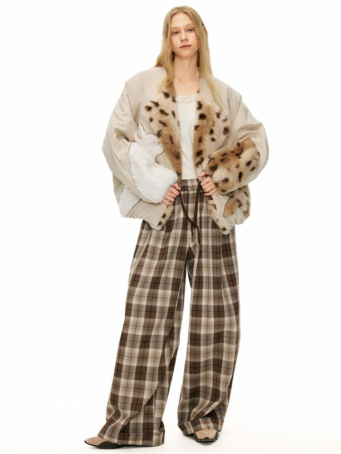 OuttheBlue Comfy Relaxed Cuffed Brown Plaid Natural Waist Ladies Poly Cotton Wide Leg Pants
