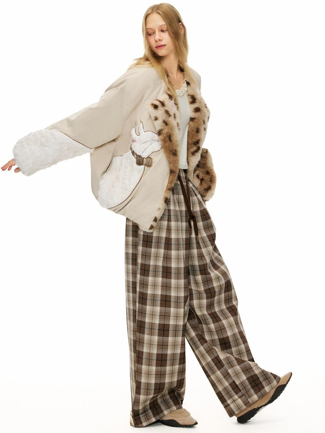 OuttheBlue Comfy Relaxed Cuffed Brown Plaid Natural Waist Ladies Poly Cotton Wide Leg Pants