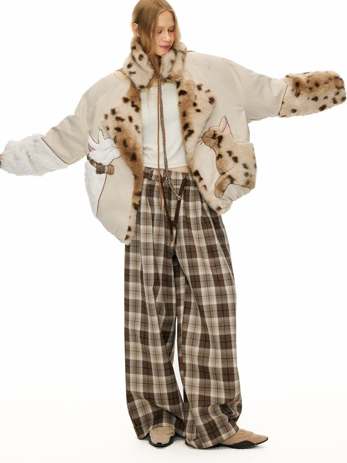 OuttheBlue Comfy Relaxed Cuffed Brown Plaid Natural Waist Ladies Poly Cotton Wide Leg Pants