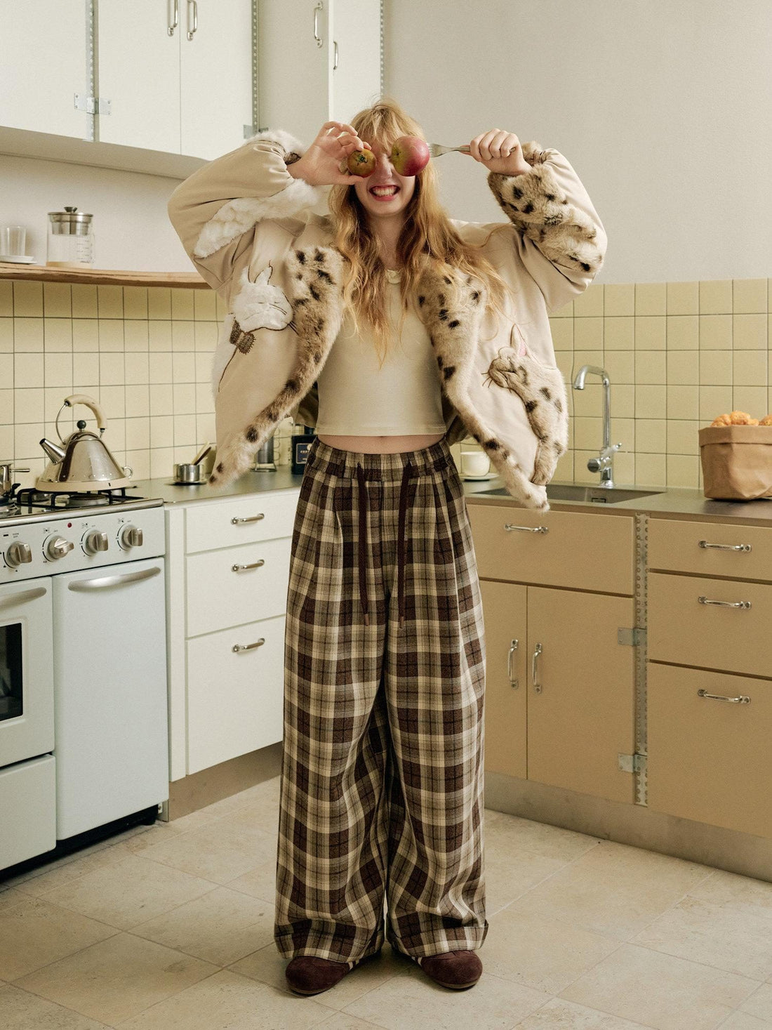 OuttheBlue Comfy Relaxed Cuffed Brown Plaid Natural Waist Ladies Poly Cotton Wide Leg Pants